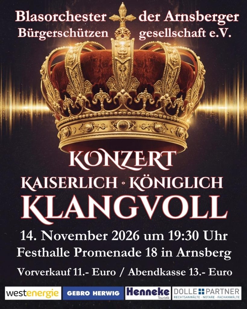 Plakat zum Konzert „Kaiserlich · Königlich · Klangvoll“ am 14. November 2026 um 19:30 Uhr in der Festhalle Arnsberg